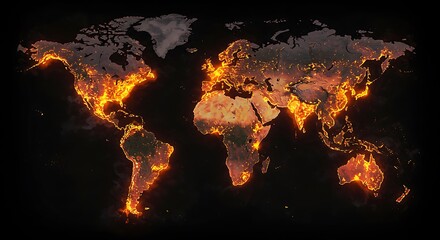 Burning continents abstract world map illustration on dark background