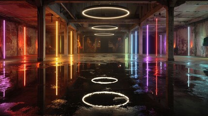 Neon-lit industrial space with reflected rings