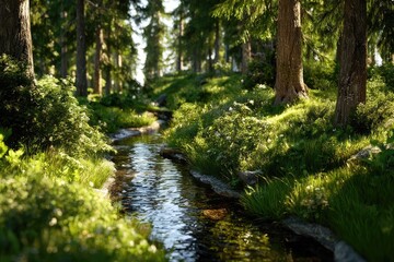 Fototapeta premium Sunlight streams through a lush forest, a clear creek winding through vibrant greenery