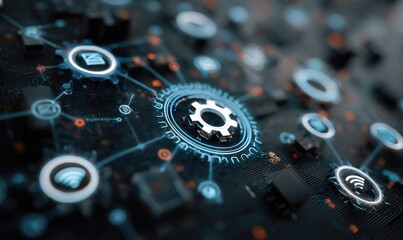 Tech network, gears, interconnected icons