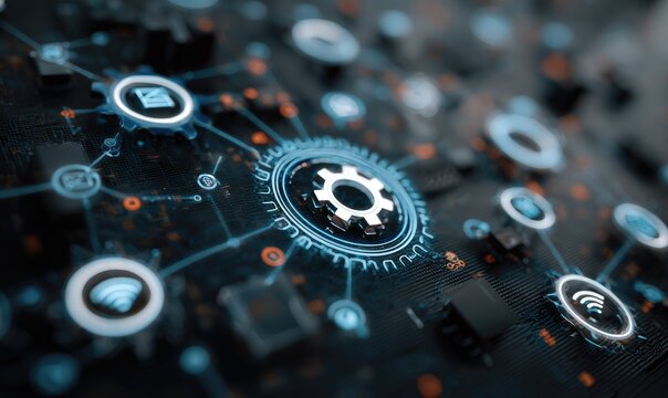 Tech network, gears, interconnected icons - Powered by Adobe