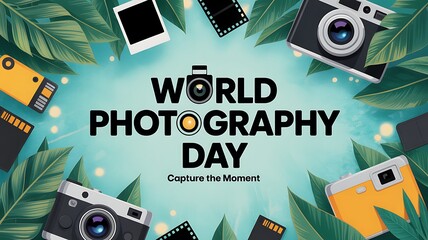 Vibrant turquoise banner with tropical leaves, camera icons, and bold text for world photography day celebration
