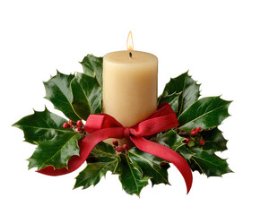 Holiday candle with holly leaves, red ribbon, and berries creates festive, warm atmosphere, perfect for Christmas or winter celebrations and cozy seasonal decor