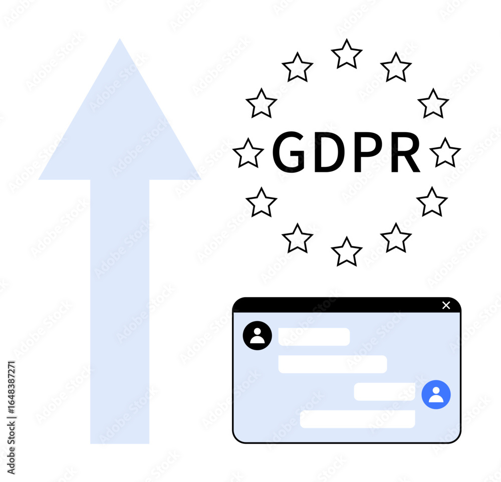 Poster upward arrow, gdpr text surrounded by stars, and chat window element emphasize data protection. idea
