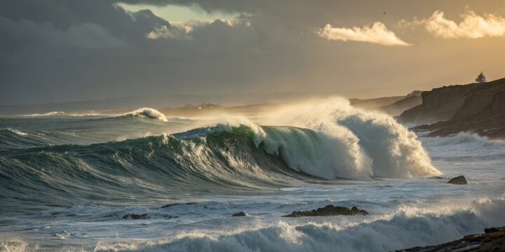 Powerful ocean wave crashes against rocky shore at sunset - Powered by Adobe