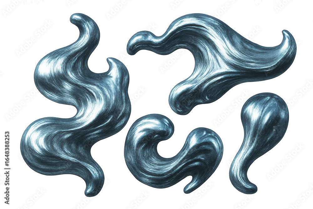 Poster five metallic blue fluid shapes swirling and flowing on a transparent background, creating a dynamic