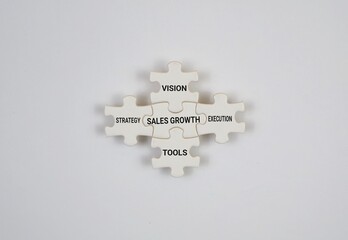 puzzle reads 'sales growth, vision, strategy, tools, execution'. Business Strategy concepts that...