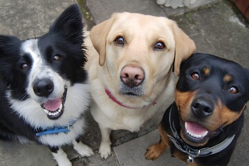 High-angle portrait of three friendly dogs a Border Collie a Labrador and a Rottweiler looking up attentively.