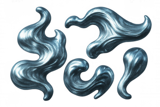 Five metallic blue fluid shapes swirling and flowing on a transparent background, creating a dynamic and abstract composition