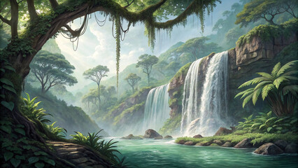 Beautiful jungle waterfall landscape scenic nature background wallpaper for desktop and mobile screensaver