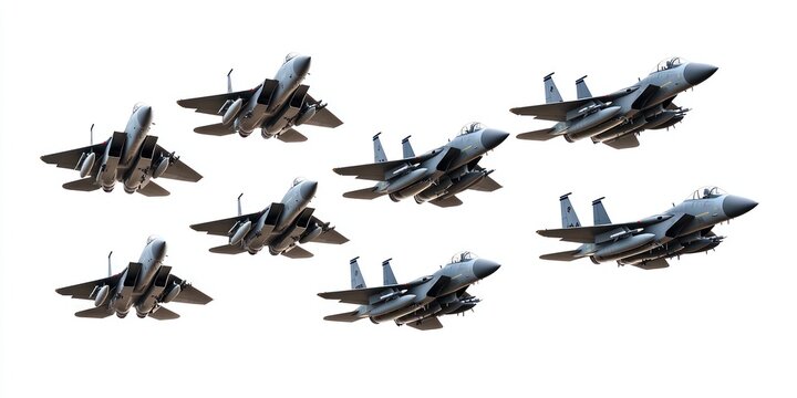 Eight fighter jets flying in formation against a clear sky. The aircraft are sleek and modern, showcasing military aviation in a coordinated display. - Powered by Adobe