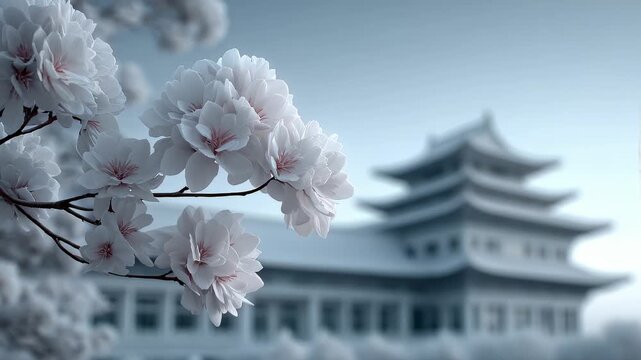 Serene Cherry Blossoms Blooming with Japanese Classical Architecture Backdrop