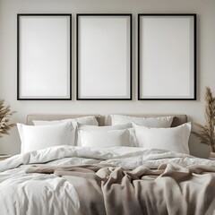 Modern Minimalist Bedroom Interior with Blank Frames