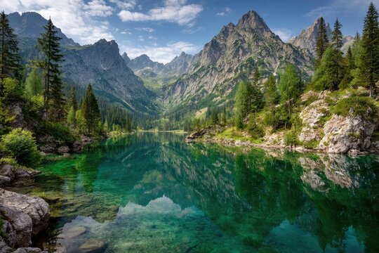 Serene alpine lake reflecting mountains. Lush forest surrounds crystal-clear water