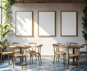 Modern Cafe Interior with Empty Frames and Plants