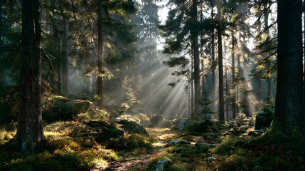 Obraz premium Forest clearing with warm sunlight streaming through tall trees 
