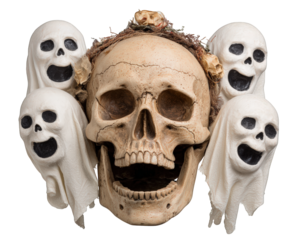 Laughing skull surrounded by four floating ghost figures, all with joyful expressions, isolated on transparency background, perfect for Halloween or spooky themed designs