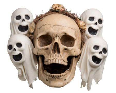 Laughing skull surrounded by four floating ghost figures, all with joyful expressions, isolated on transparency background, perfect for Halloween or spooky themed designs