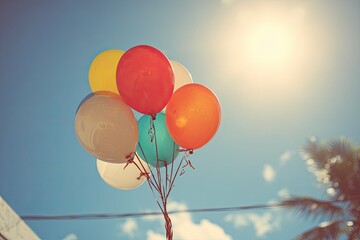 Colorful balloons against a bright blue sky