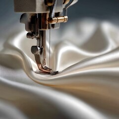 Close-up of sewing machine stitching silk