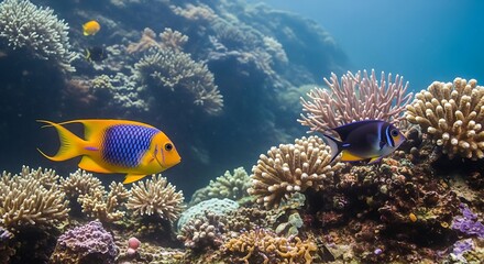 Obraz premium Vibrant marine life thrives in a coral reef ecosystem with colorful fish swimming amid coral