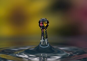 Capturing the elegance: Macro shot of a water droplet with colorful reflections