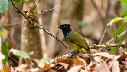 Fototapeta premium A vibrant green and black bird perches on a branch amidst fallen leaves in a forest setting