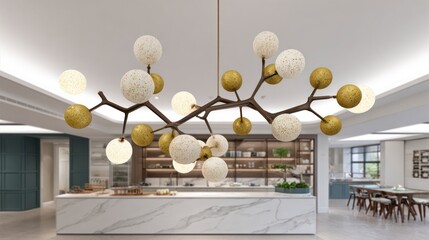 Modern branching chandelier with speckled orb lights and gold accents illuminating a contemporary interior space