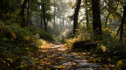 Obraz premium Peaceful forest trail covered in fallen leaves with soft ambient sunlight 
