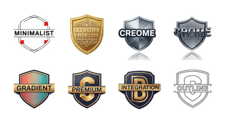 A diverse collection of eight shield-shaped logos and emblems with various modern design styles.