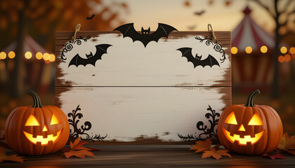Halloween Carnival Blank Wooden Sign with Jack-o'-lanterns and Bats