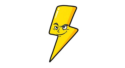 Cartoon style yellow lightning bolt with sly face on white background
