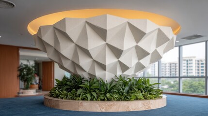 Contemporary geometric sculpture with lush greenery inside office building lobby