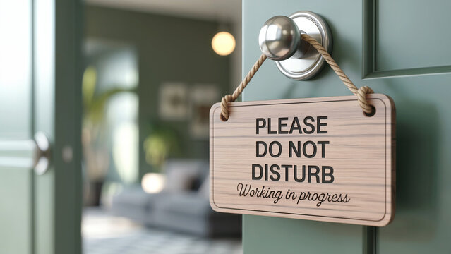 Do not disturb sign on door for privacy in hotel room or home office work in progress message