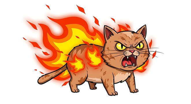 Cartoon angry cat surrounded by fiery flames in illustration style