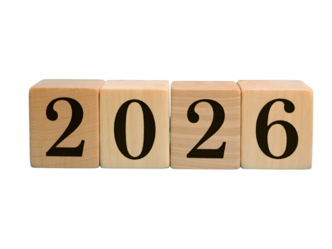 Future year 2026 wooden number blocks on white background for business planning and celebration concept