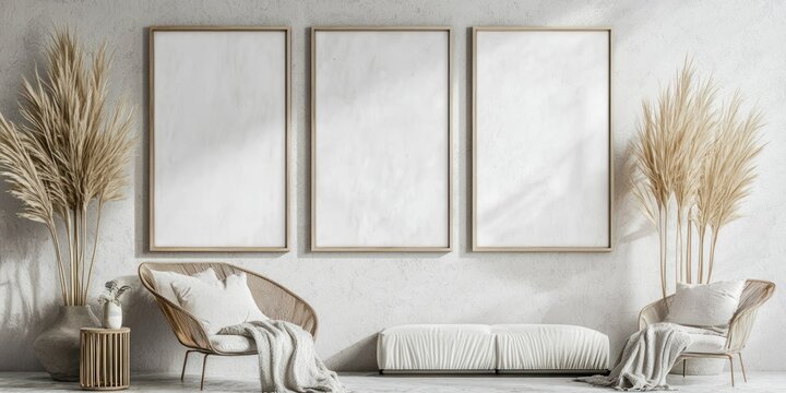 A modern living room with three blank framed posters on the wall, two pampas grass plants, a wicker chair with a white cushion, a white sofa, and a wooden side table with a vase. 