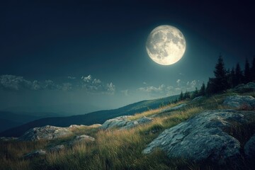 Full moon over mountain meadow at night