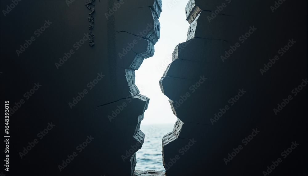 Poster s a crack in a wall with a view of the ocean in the background. the crack is in the center of the im
