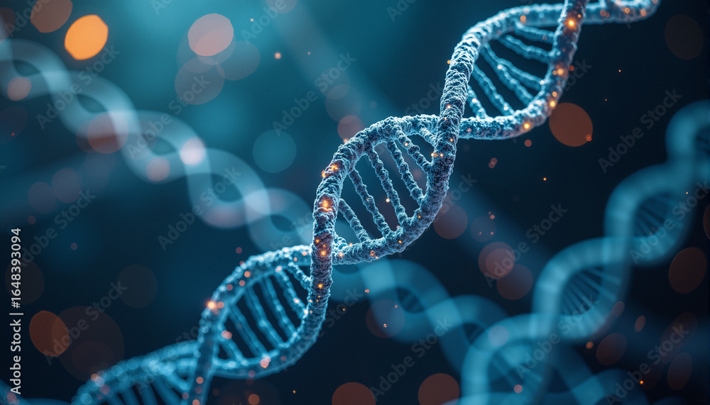 Poster s a double helix of dna on a blue background with bokeh lights in the background. the strands of dna
