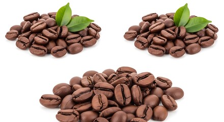 Naklejka premium Three piles of roasted coffee beans with green leaves on a white background