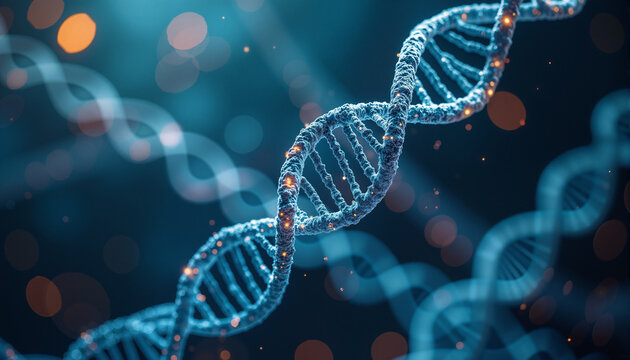 s a double helix of DNA on a blue background with bokeh lights in the background. The strands of DNA are intertwined and the background is slightly blurred