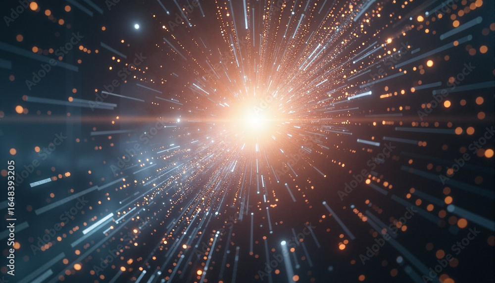 Poster s a bright light exploding in the middle of a dark background