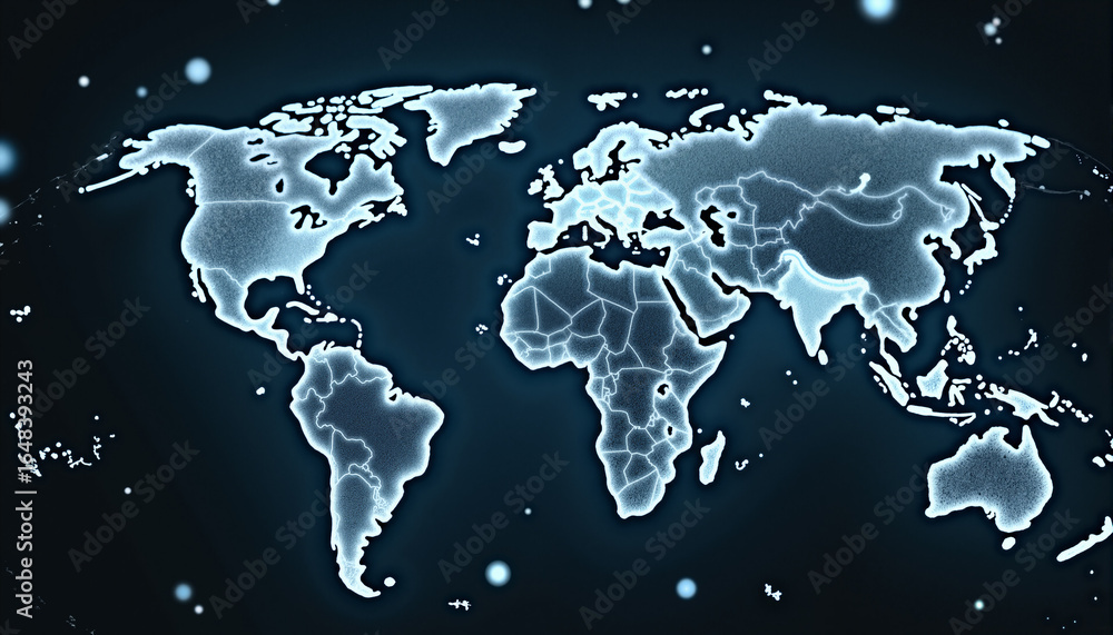 Poster s a blue world map on a black background with white dots scattered across it. the map is animated