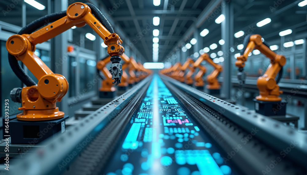 Poster s robots working on a conveyor belt in a factory