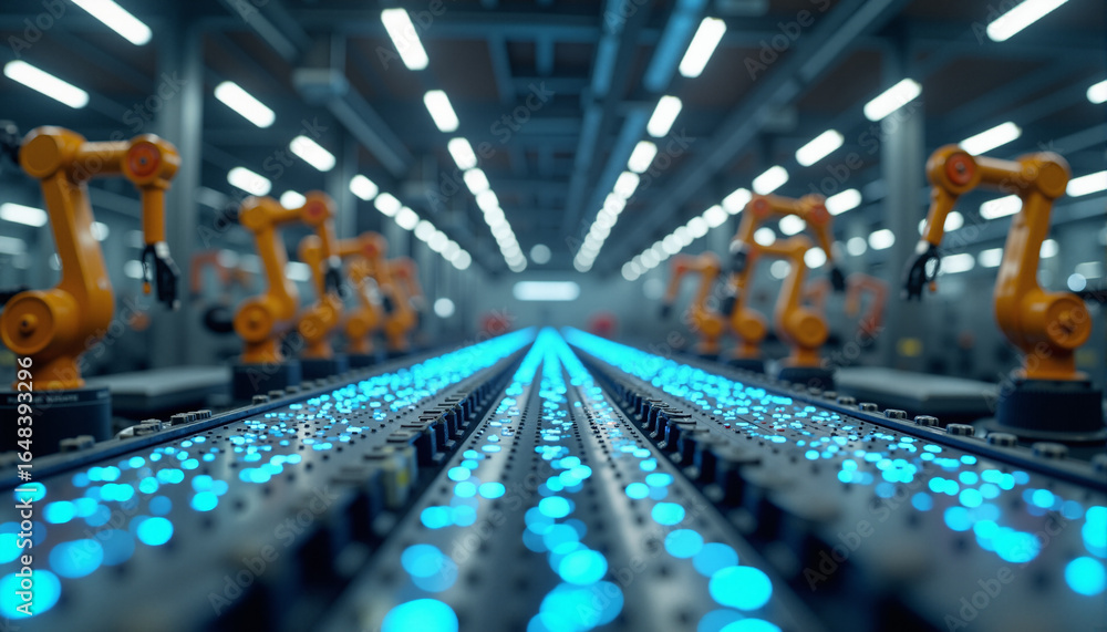 Poster s a row of robots working on a conveyor belt in a factory