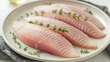 Filés de tilápia crus com raminhos de tomilho.