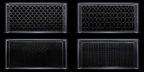 Four soccer goals, different net patterns