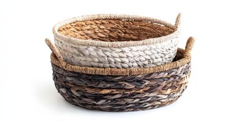 Obraz premium Three woven baskets stacked, with natural fibers and handles, placed on a plain white surface.