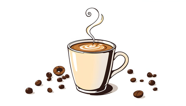Cup of coffee latte isolated on white backgroud with clipping path, doodle art. White tone